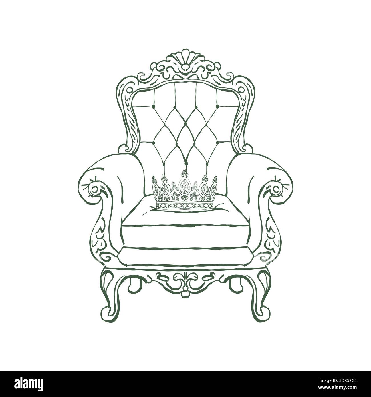 Un fauteuil vintage classique avec une couronne royale sur le siège. Intérieur romantique. Style baroque et rococo. Mobilier rembourré classique. Clipart de contour vectoriel vert. Illustration rétro dessinée à la main. Illustration de Vecteur
