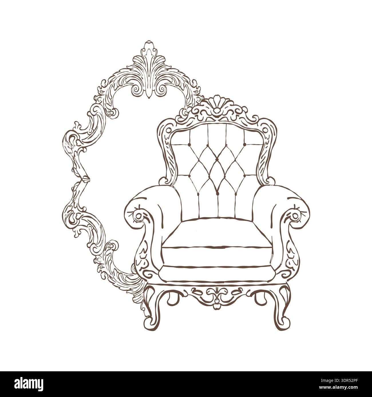 Intérieur victorien. Fauteuil vintage classique et miroir antique dans les styles baroque et rococo. Mobilier rembourré classique. Clipart de contour vectoriel. Illustration rétro dessinée à la main. Intérieur romantique. Illustration de Vecteur