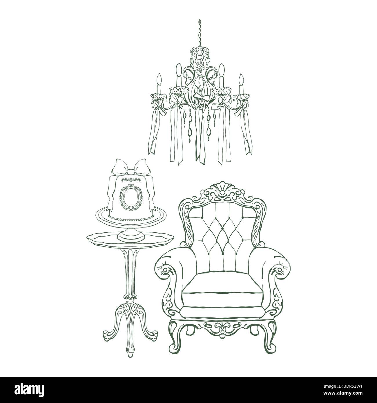 Illustration festive vintage d'un intérieur victorien. Fauteuil, table, lustre en cristal et gâteau de mariage dans les styles rococo et baroque. Mobilier classique antique. Illustration vectorielle dessinée à la main isolée sur un fond blanc. Illustration de Vecteur