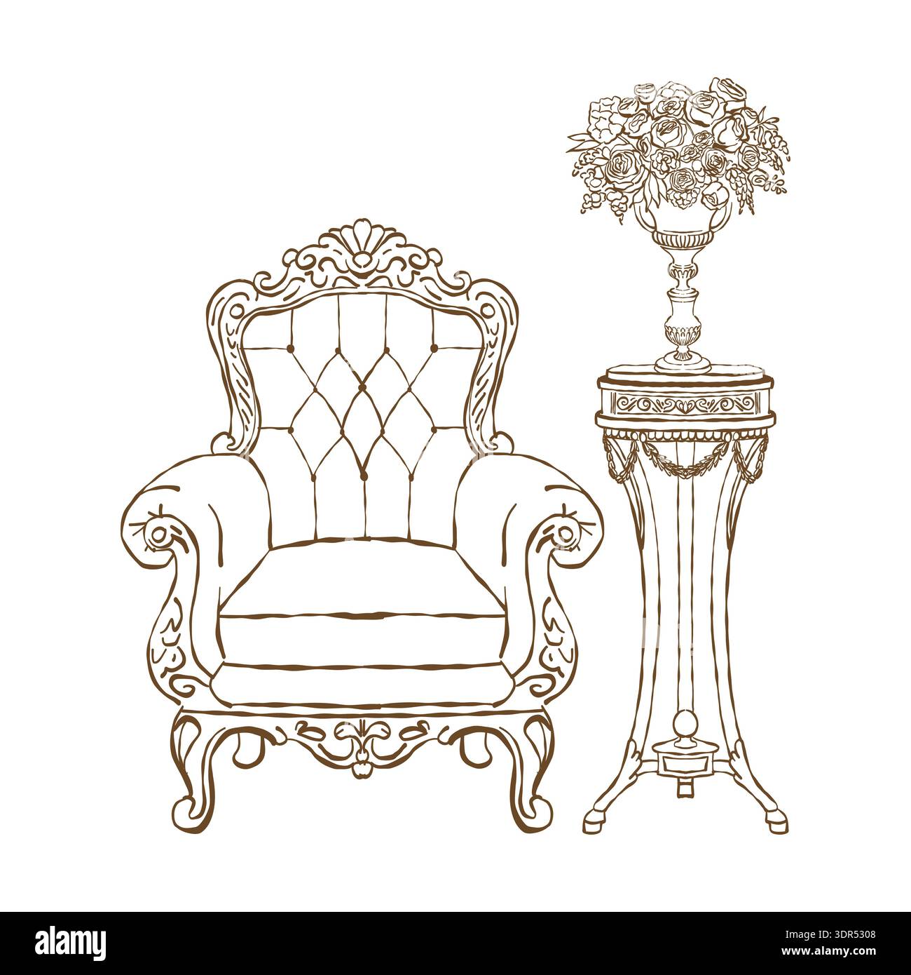 Illustration vintage d'un intérieur victorien. Un fauteuil, une table et un vase de fleurs dans les styles rococo et baroque. Mobilier classique antique. Illustration vectorielle dessinée à la main isolée sur un fond blanc. Illustration de Vecteur