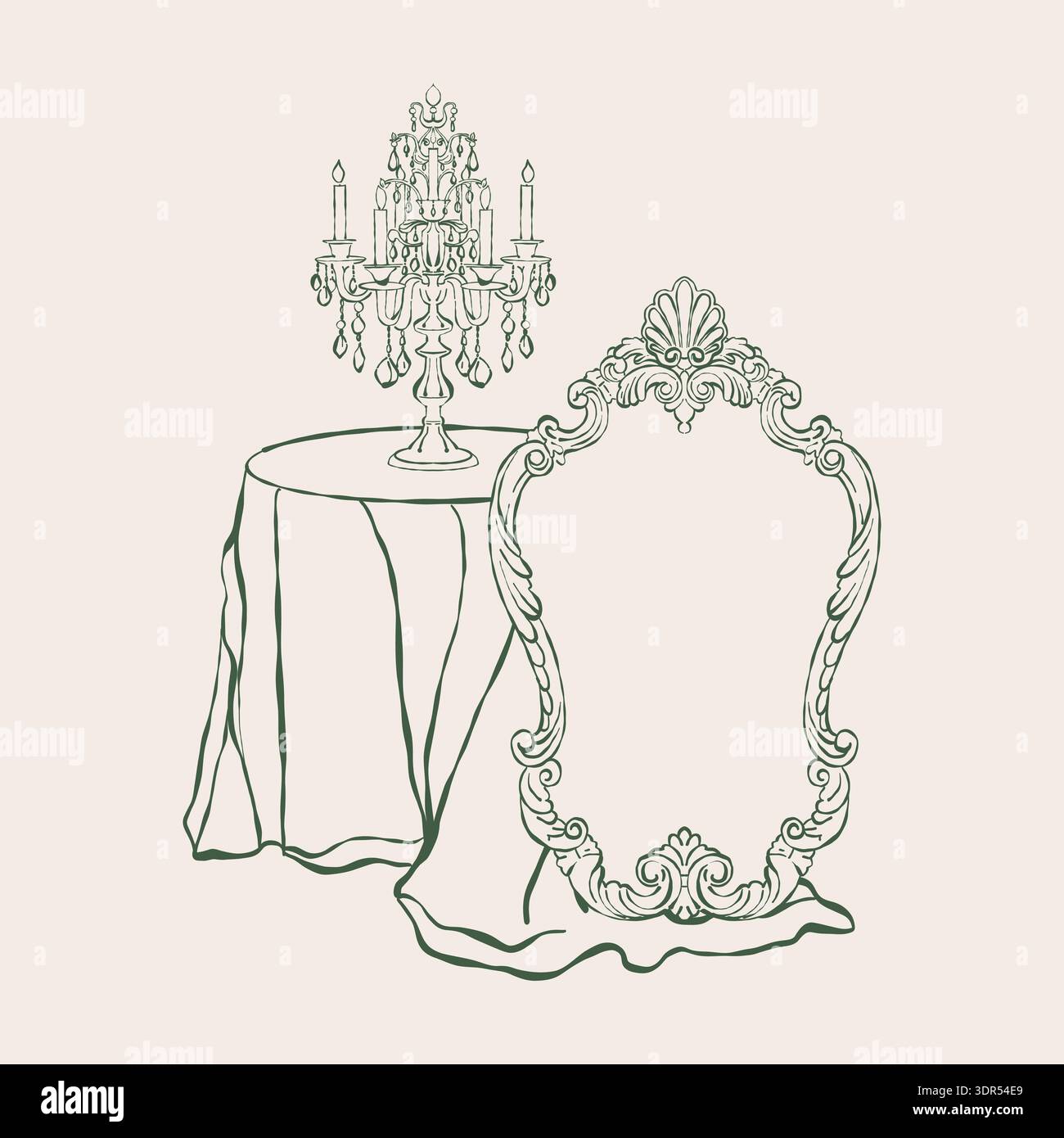 Intérieur victorien. Miroir antique vintage classique, table avec nappe, candélabre avec bougies dans les styles baroque et rococo. Mobilier classique. Clipart de contour vectoriel. Illustration rétro dessinée à la main. Intérieur romantique. Illustration de Vecteur