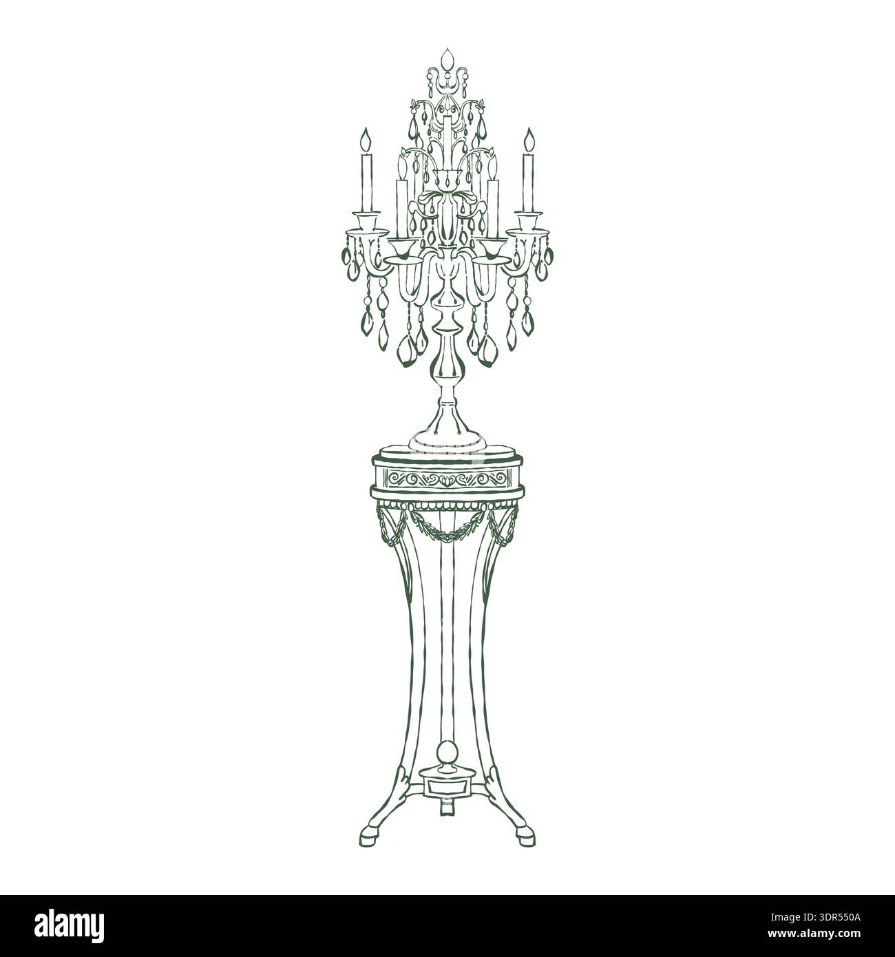 Intérieur de style victorien. Une table classique et un candélabre avec des bougies dans les styles rococo et baroque. Illustration de contour vintage dessinée à la main de l'intérieur. Illustration de Vecteur