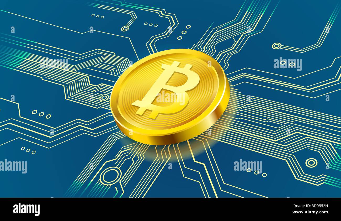 Pièce Golden Bitcoin sur une carte de circuit imprimé numérique futuriste, symbolisant la crypto-monnaie et la technologie financière. Illustration vectorielle. Illustration de Vecteur