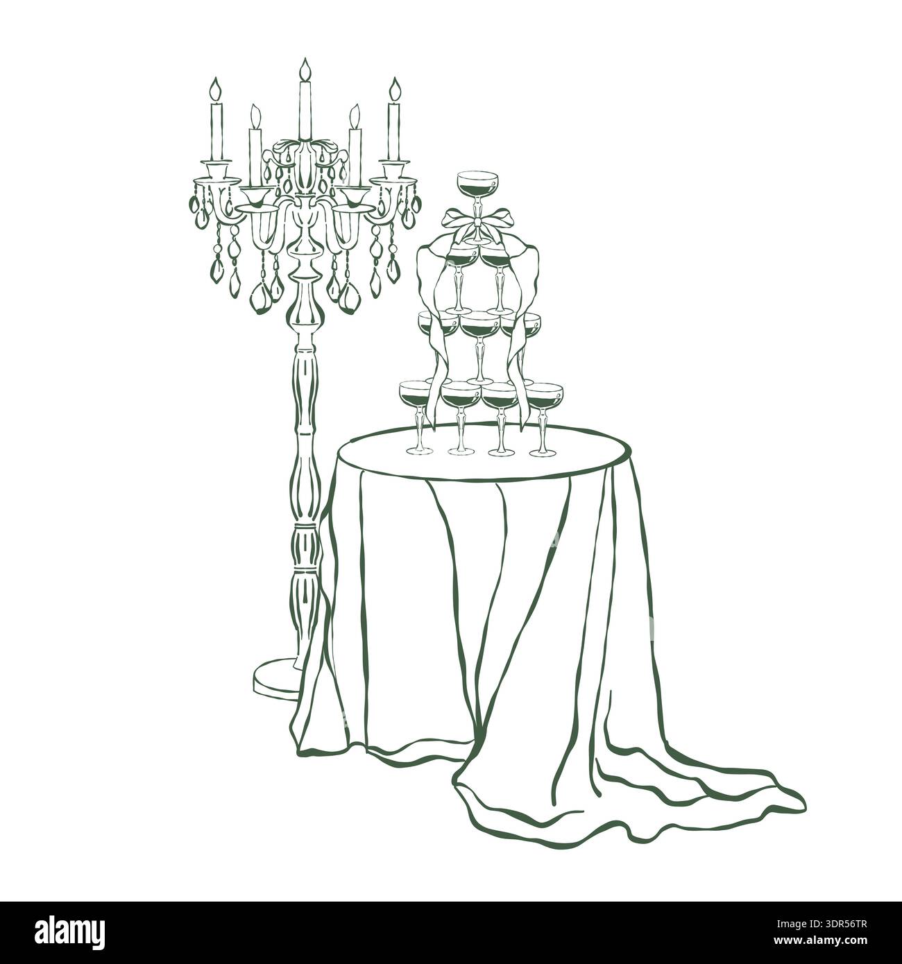 Une table festive avec une tour de champagne ornée d'un arc fantaisiste. Un lampadaire classique vintage avec un candélabre et des bougies. Illustration pour mariage. Clipart vectoriel de contour sur un fond blanc. Illustration de Vecteur