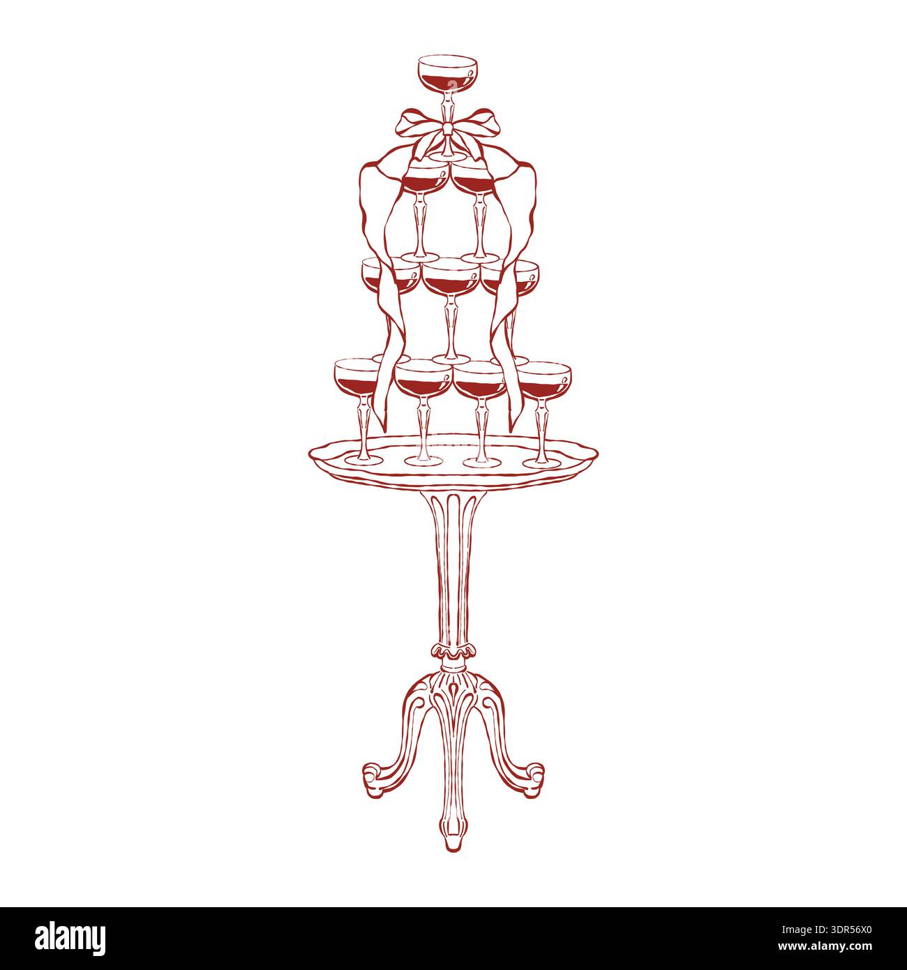 Une petite table classique avec une tour de champagne ornée d'un arc fantaisiste. Illustration de mariage vintage. Vectoriel contour clip art sur un fond blanc en rouge. Illustration de Vecteur