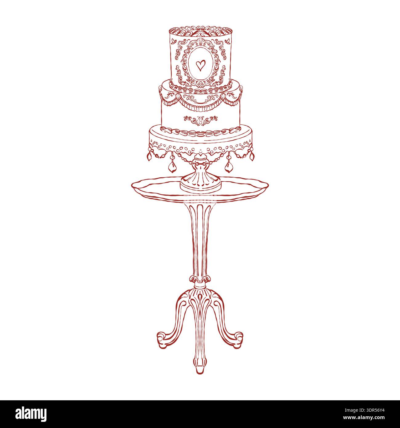 Un gâteau de mariage ou de célébration de style vintage est assis sur une table classique. Un gâteau de célébration à plusieurs niveaux. Illustration vectorielle dessinée à la main dans un style romantique. Illustration de Vecteur
