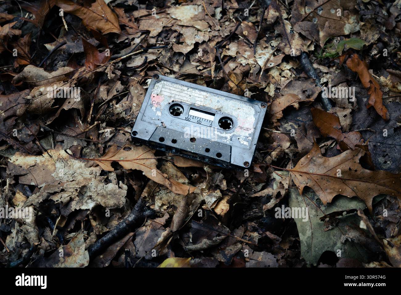 Une vieille cassette audio altérée est abandonnée sur des feuilles d'arbres d'automne, montrant une usure importante et une étiquette de pelage. Banque D'Images