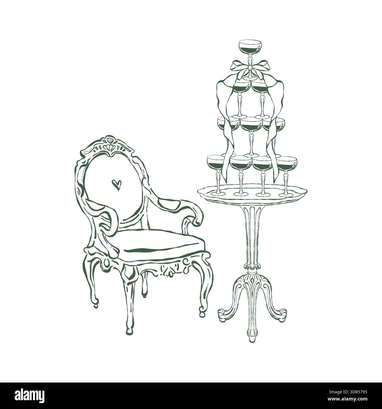 Une petite table classique avec une tour de champagne ornée d'un arc fantaisiste. Fauteuil de style victorien moelleux. Illustration de mariage vintage. Intérieur baroque et rococo. Dessin vectoriel. Illustration de Vecteur