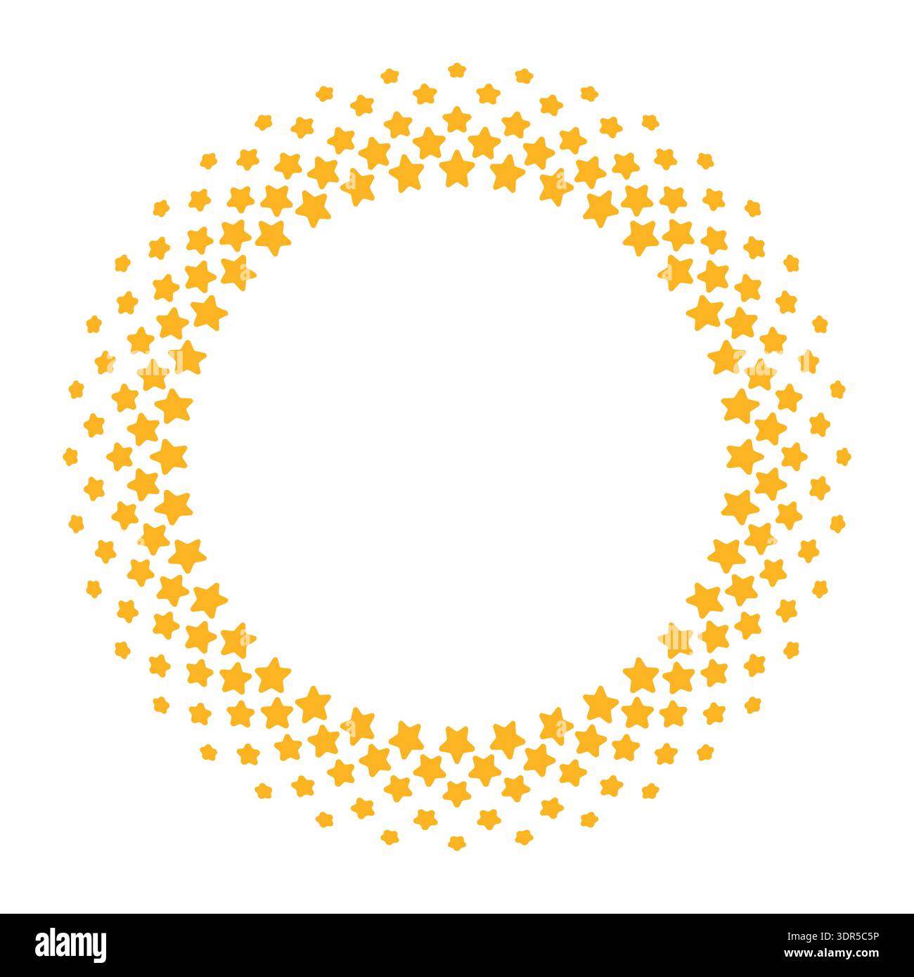 Cadre demi-teinte étoile ronde jaune abstrait. Bordure dégradée circulaire. Ce motif doré présente des étoiles à cinq branches de différentes tailles, Illustration de Vecteur