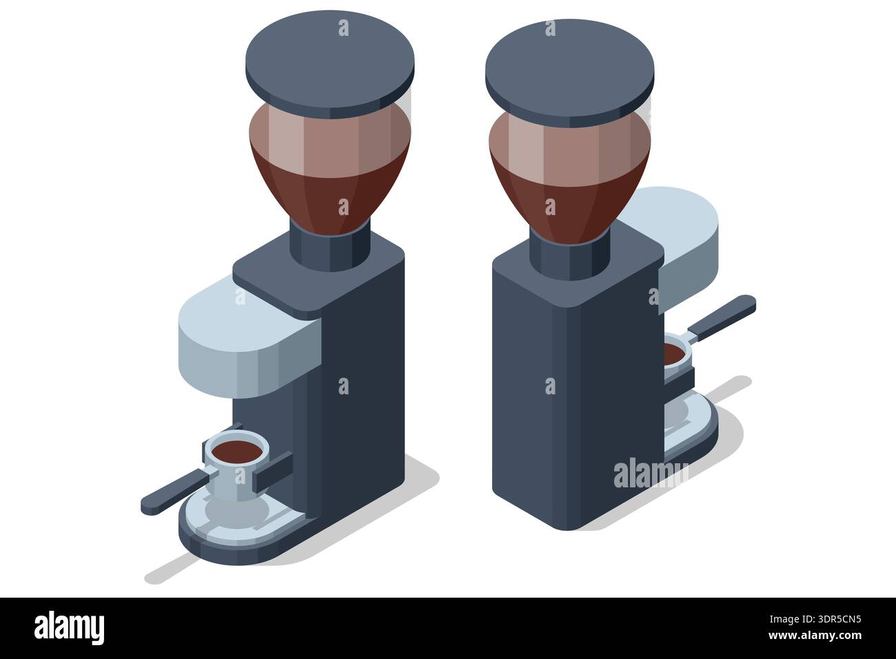 Machine à espresso isométrique dans deux vues, équipement de café professionnel pour café bar. Appareil moderne en acier inoxydable pour le service des boissons du barista. Café Illustration de Vecteur