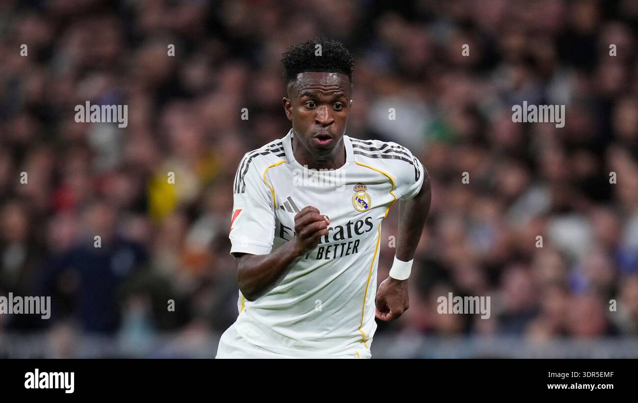 Real Madrid's Vinicius Junior during a Spanish La Liga soccer match between Real Madrid and Real Sociedad in Madrid, Spain, Saturday, Feb. 14, 2026. (AP Photo/Manu Fernandez) Banque D'Images