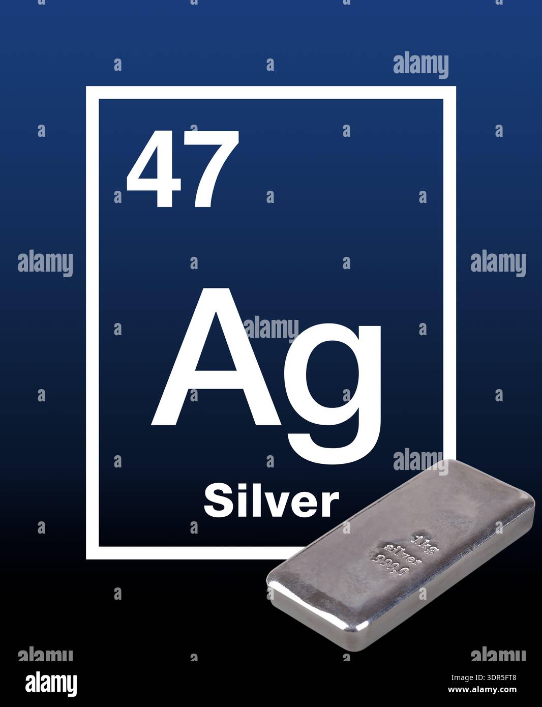 Barre d'argent coulée et élément argent de la table périodique des éléments, avec le nom latin Argentum, symbole AG, numéro atomique 47. Banque D'Images