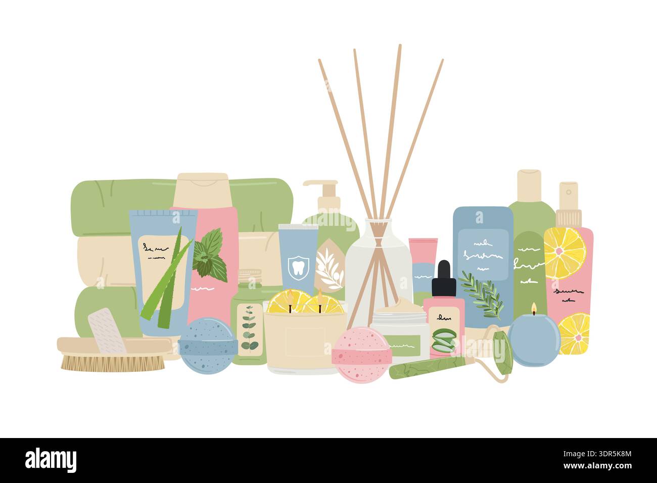 Compositions contenant des produits cosmétiques de beauté pour le soin de la peau avec diffuseur d'arôme et bougies. Concept de spa à domicile, rituel d'auto-soins, traitement à domicile et bien-être Illustration de Vecteur