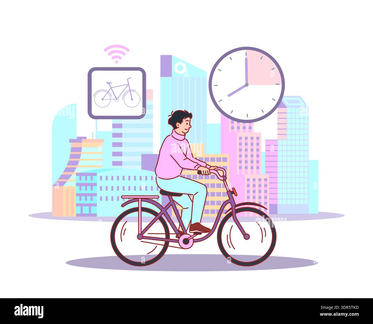 Conduite de vélo en ville. Location de transports écologiques publics, réservation de parcours en ligne, pas d'embouteillages, services de mobilité et navigation intelligente dans les transports Illustration de Vecteur