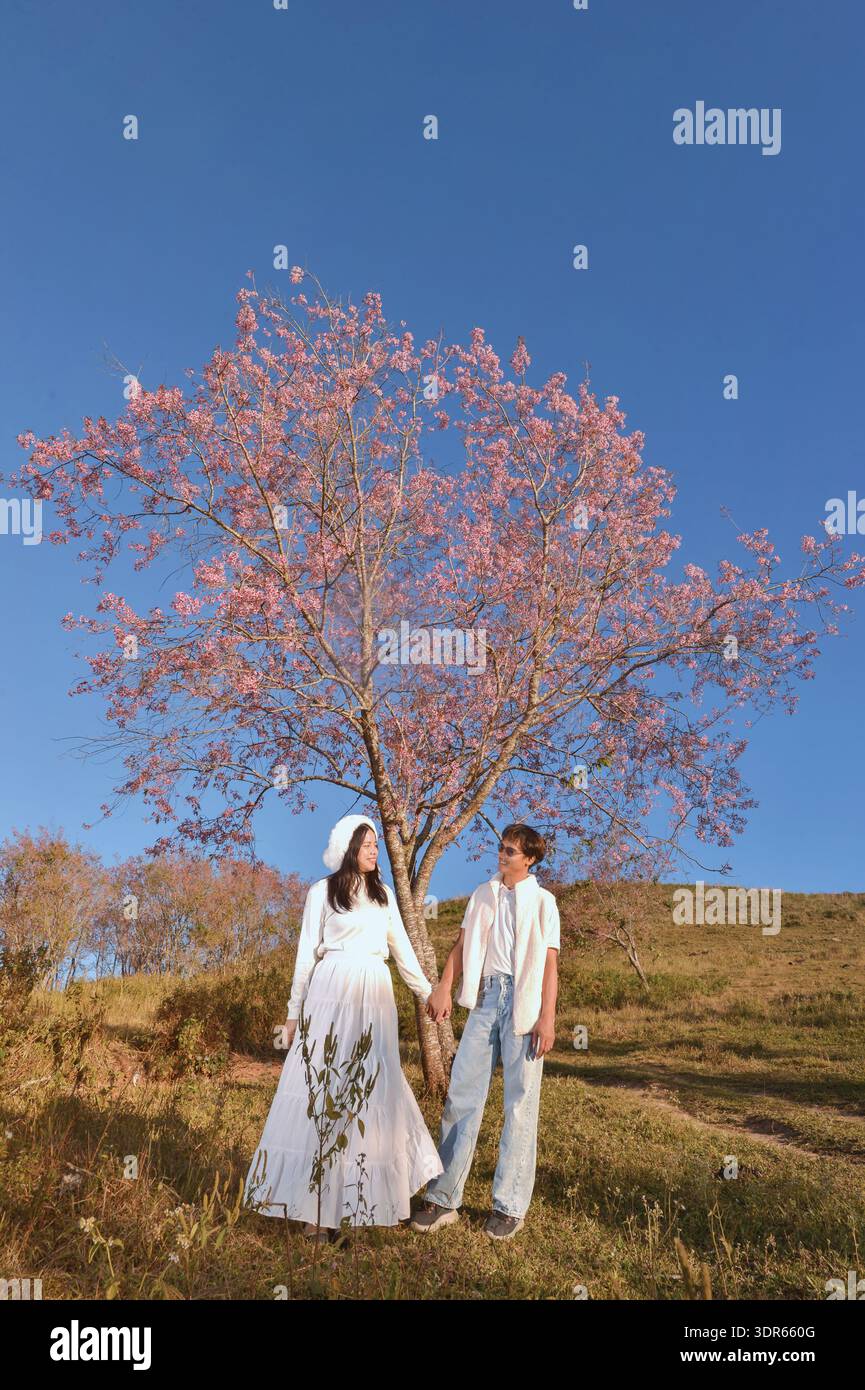 Heureux jeune couple debout dans la campagne se tenant par la main, Thaïlande Banque D'Images