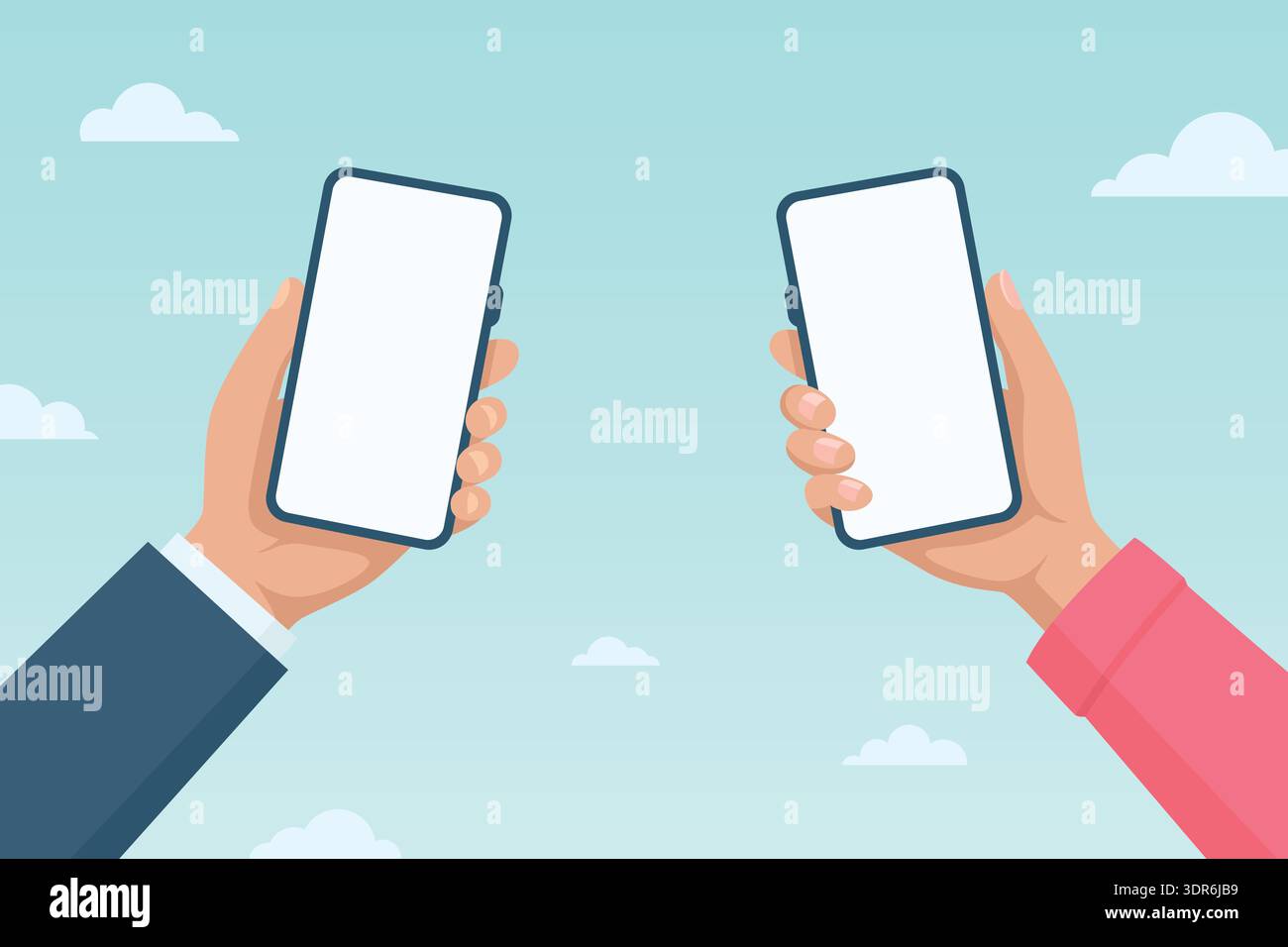 Flat Cartoon Vector deux mains tenant des smartphones face à face sur fond de ciel. Écran téléphone portable. Concept de communication et de messagerie en ligne Illustration de Vecteur