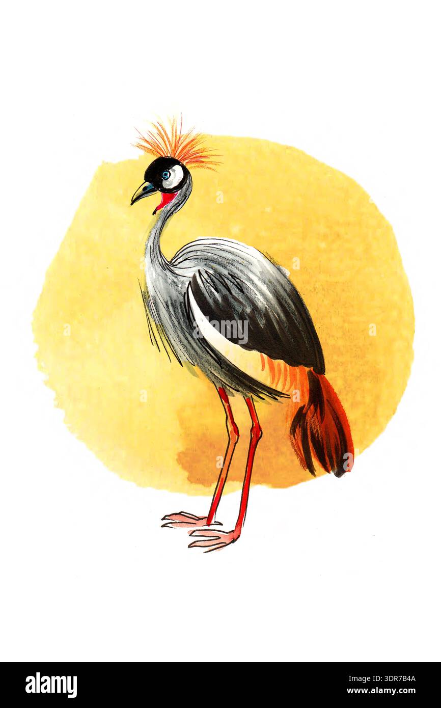 Illustration élégante d'encre d'oiseau de grue et d'aquarelle Banque D'Images