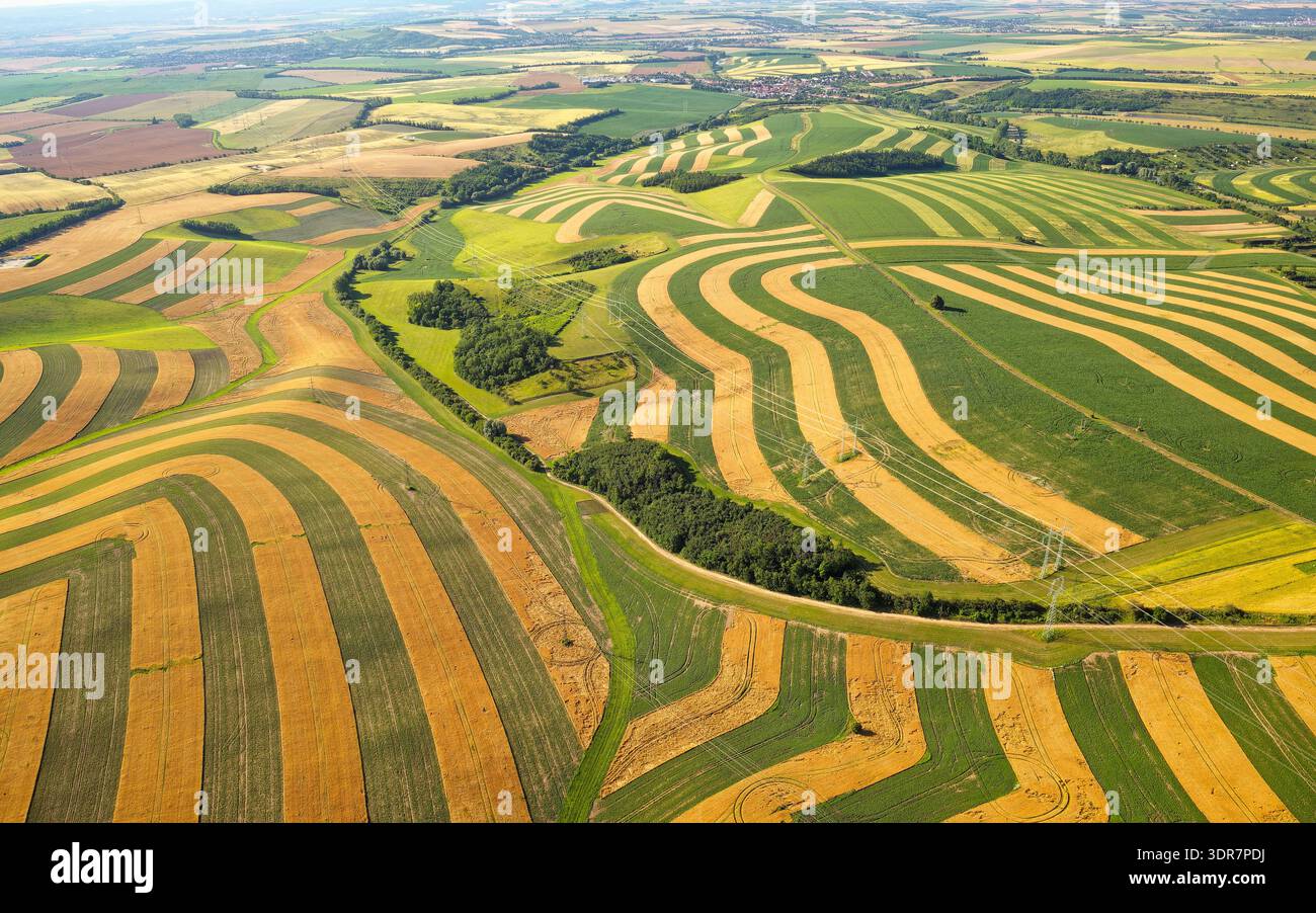 Vue aérienne des terres agricoles de Moravie du Sud avec des champs de bandes courbes, des cultures contrastées et le sol, paysage agricole traditionnel, pays de la République tchèque Banque D'Images