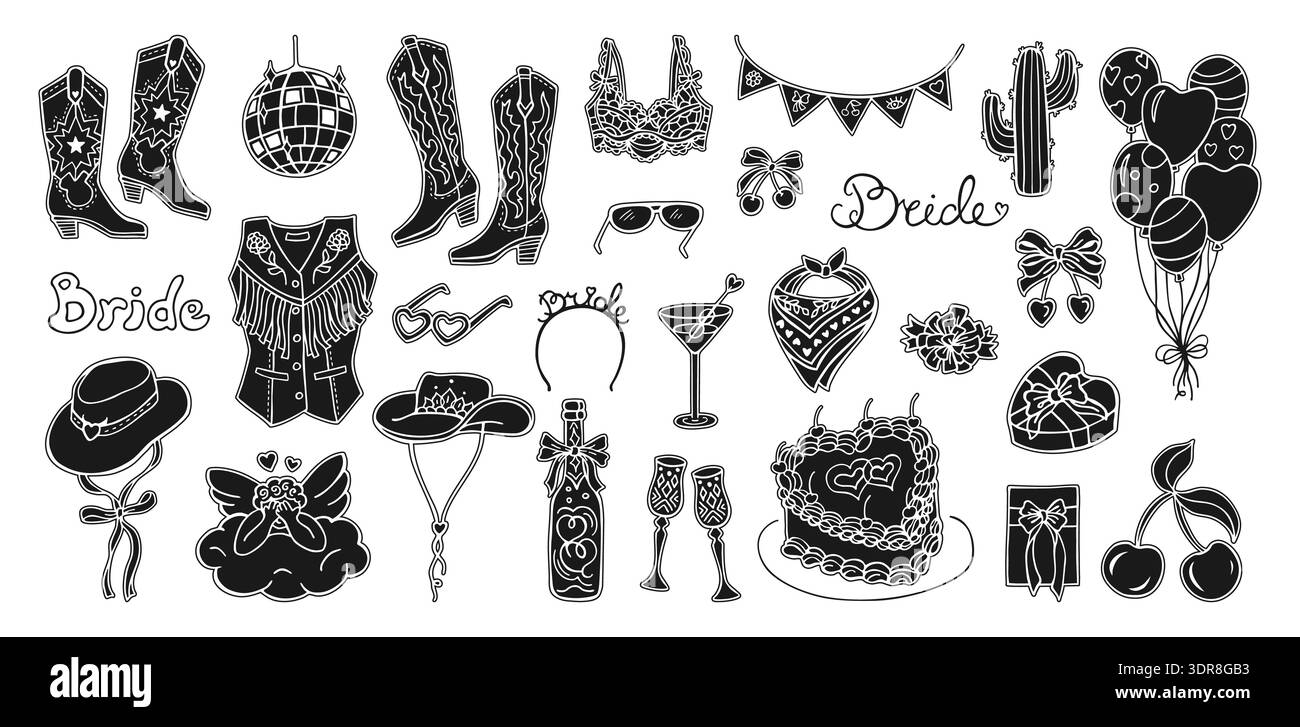 Cowgirl dessinée à la main et illustration de timbre de cow-boy ensemble dans pochoir de coquette. Vintage fantaisistes symboles occidentaux avec des arcs bottes, chapeaux cactus. Jolie ligne rétro art ludique Texas Charm trendy Girly esthétique Illustration de Vecteur
