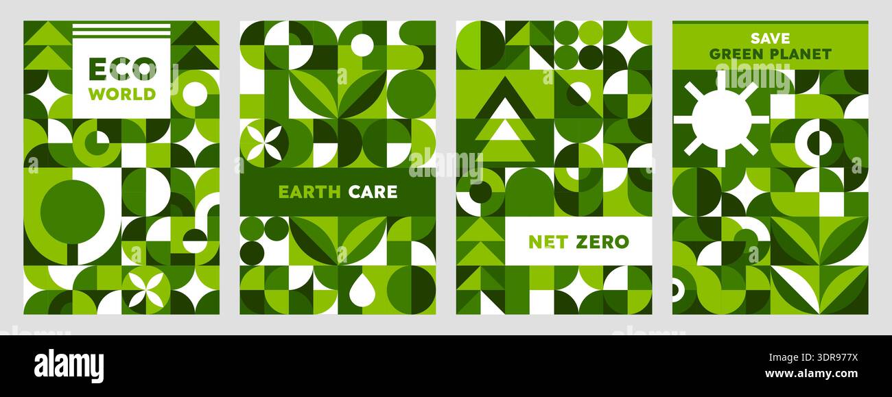 Affiches écologie de l'environnement avec motif géométrique vert Bauhaus. Écologie Saving vecteur Flyer, pollution nature Bauhaus forme bannière. Carte abstraite de protection de la terre ou affiche de jour de l'environnement Illustration de Vecteur