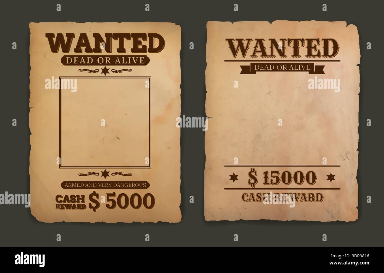 Vintage WESTERN Wanted - affiche vectorielle sur fond de parchemin brut. Vector Cow-boy et shérif voulaient une bannière maquette morte ou vivante avec un cadre photo criminel et un avis de récompense en espèces, une recherche criminelle Illustration de Vecteur