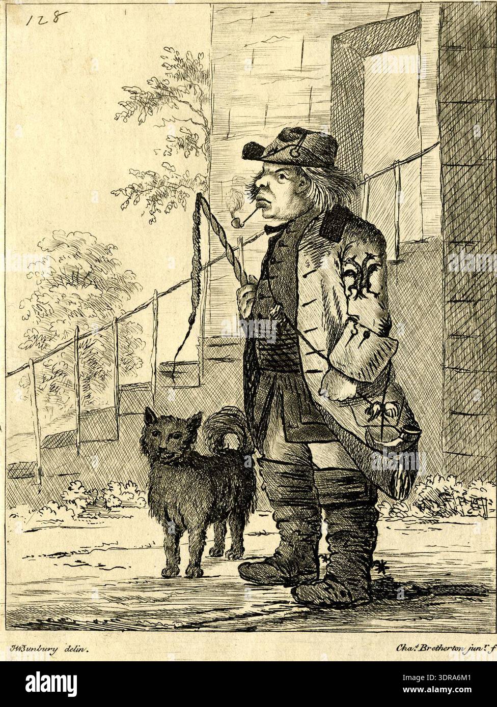 Cette gravure de 1772 de Charles Bretherton d'après Henry William Bunbury satirit un postilion allemand. Le personnage porte un manteau avec un aigle à double tête sur la manche, une corne sur une corde, et porte un fouet. Il fume une pipe et se tient à côté des marches menant à l'entrée d'un bâtiment avec un chien à ses côtés. L'œuvre illustre la gravure satirique du XVIIIe siècle, le détail des costumes, l'occupation, l'inclusion animale, le cadre architectural, et techniques narratives visuelles. Banque D'Images