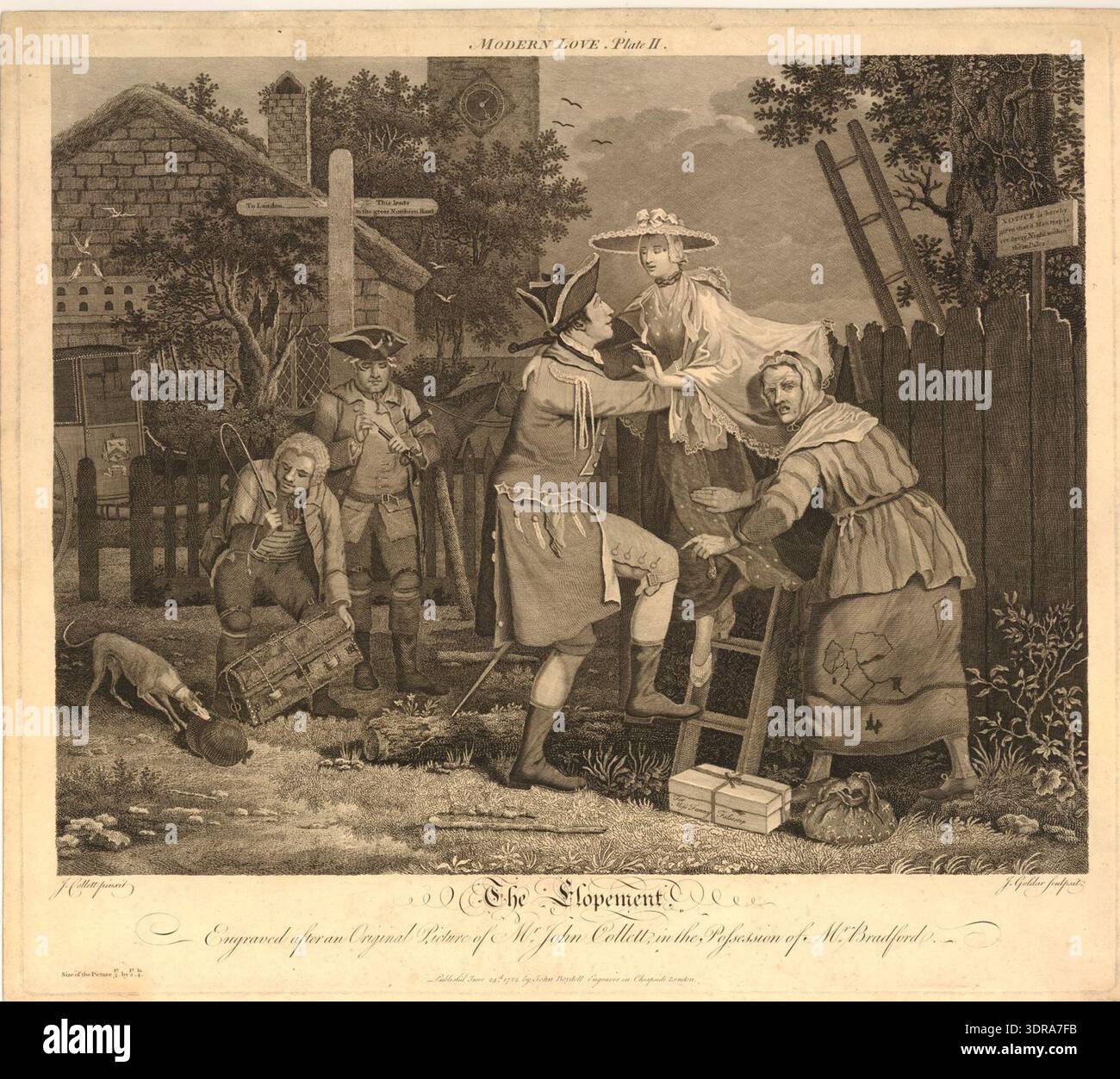 Cette impression colorée à la main de 1765, d'après John collet et réalisée par John GOLDAR, représente une jeune femme descendant des marches après avoir traversé une grande pâleur, reçue par son amant en tenue militaire avec des aiguillettes. Une vieille femme se tient à proximité avec un sac à main. Une chaise longue et des chevaux attendent à l'extérieur d'une petite palme, avec un postilion et un coachman présents. Un chien interagit avec la scène. La composition illustre le récit social britannique, le costume et l'architecture domestique du XVIIIe siècle. Banque D'Images