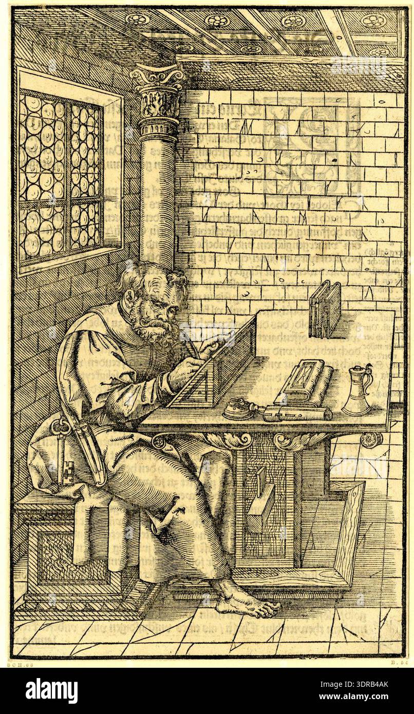 Cette gravure sur bois de Lucas Cranach le jeune, publiée par Nicolaus Wolrab vers 1540, illustre 'Saint Pierre'. Il est assis à une table dans une pièce à gauche, la clé suspendue à sa ceinture. Tiré de la Bible allemande de Luther, volume 2, 1541, l'œuvre reflète l'art religieux de l'ère de la réforme et souligne le rôle de Saint Pierre en tant que gardien des clés, symbolisant l'autorité et le leadership spirituel dans l'Allemagne du début du XVIe siècle. Banque D'Images