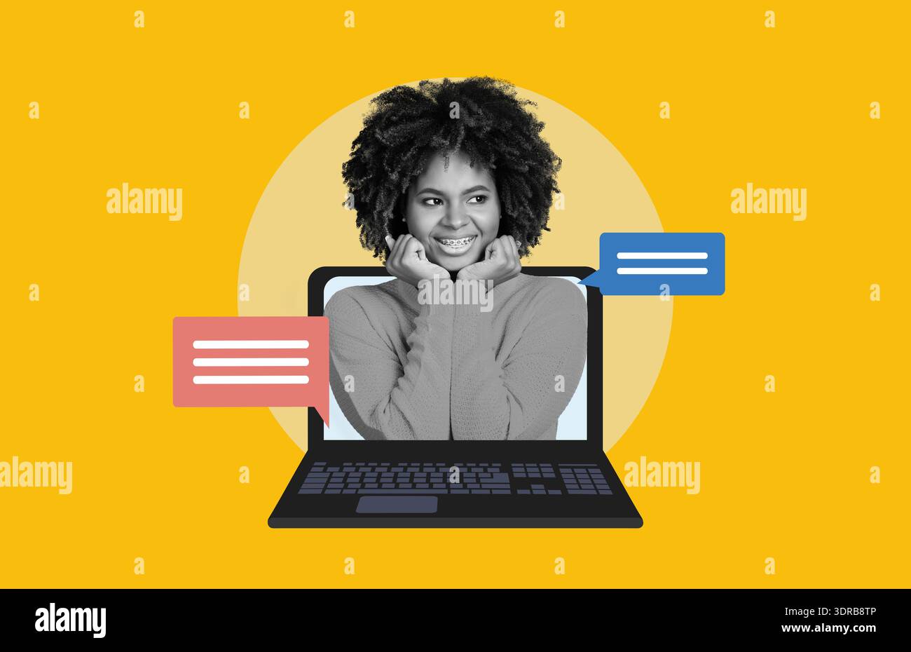 Femme s'engage dans la conversation en ligne avec ordinateur portable dans un cadre lumineux Banque D'Images