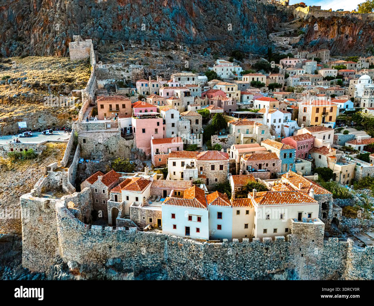 Vue aérienne de Monemvasia, une ville de Laconie, Grèce. Banque D'Images