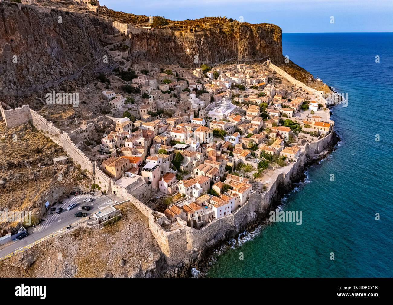 Vue aérienne de Monemvasia, une ville de Laconie, Grèce. Banque D'Images