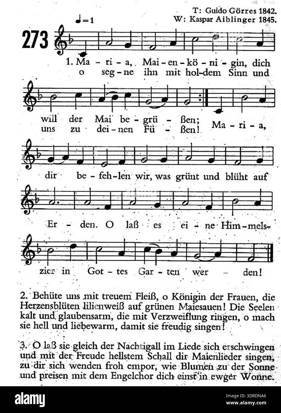 La composition musicale allemande de 1842/1845 'Maria Maienkönigin' de Guido Görres (texte) et Kaspar Aiblinger (mélodie) apparaît dans la prière et le livre de chansons pour l'archidiocèse de Cologne, détaillant la mélodie, les paroles, le contexte religieux, la notation musicale, détails de la publication, but dévotionnel, utilisation liturgique, structure musicale et cadre historique dans la pratique de la musique sacrée allemande du milieu du XIXe siècle. Banque D'Images