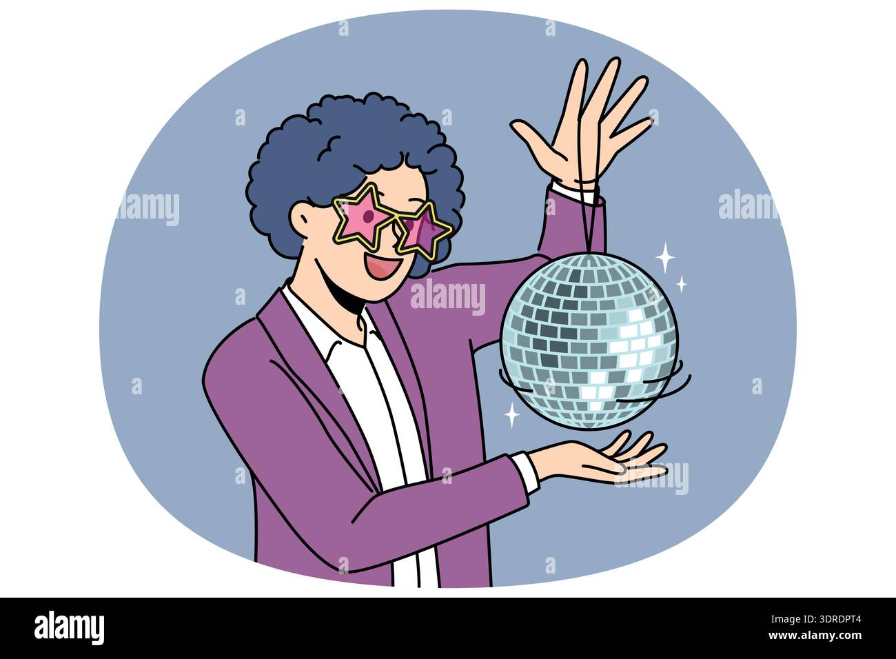 Homme drôle avec boule disco avec perruque bouclée sur la tête est venu à la discothèque ou piste de danse pour s'amuser et se détendre. Jeune gars aime l'atmosphère de festival de musique Banque D'Images