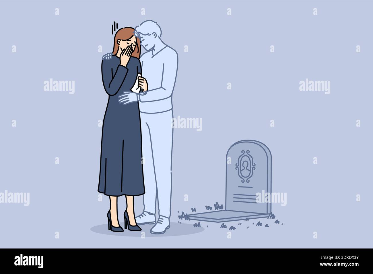 Ghost of Husband soutient la veuve pleurant sur la tombe du marié décédé et souffrant de solitude Banque D'Images