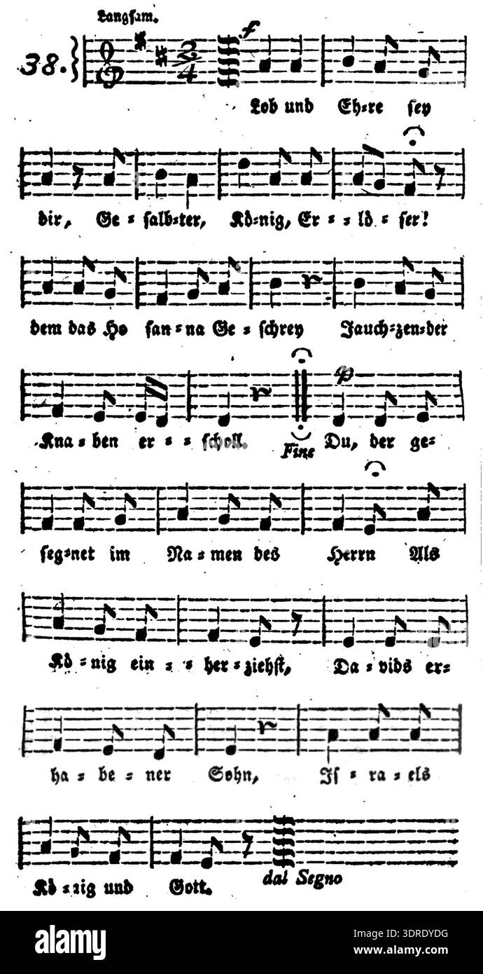 'Lob und Ehre SEI dir' dans l'édition Verspoell 1810 est un hymne du dimanche des Rameaux avec mélodie de Vienne 1773 et texte adapté de 'Gloria, Laus et Honor tibi sit'. L'hymne fait partie du hymne Verspoell, reflétant la musique liturgique allemande du début du XIXe siècle. Il incorpore des techniques chorales traditionnelles, un phrasé mélodique structuré et une utilisation cérémonielle lors des processions religieuses. L’édition documente la transmission et l’adaptation de la musique liturgique à travers des décennies et démontre l’intégration de la notation musicale, de l’interprétation textuelle et de la pratique de la performance dans le tradit de l’église catholique Banque D'Images