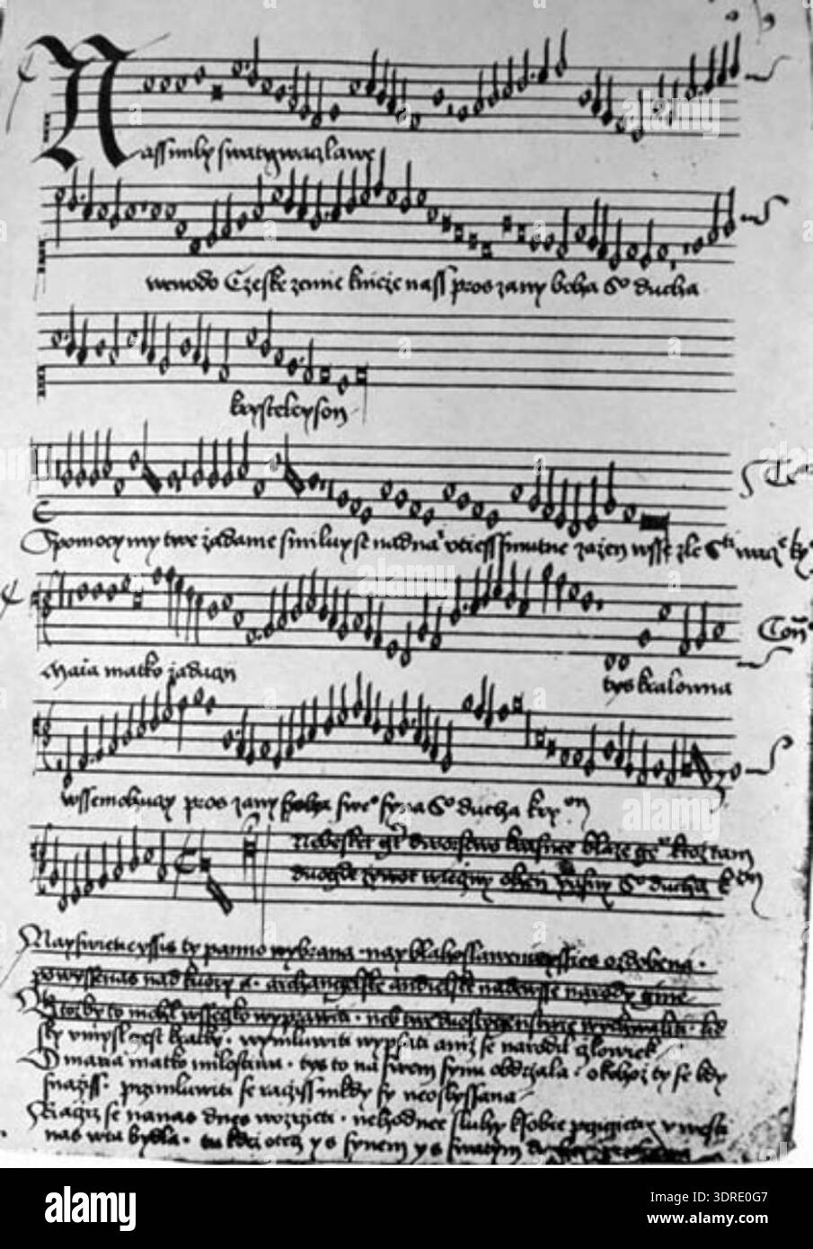 Le Codex Speciálník vers 1500 comprend le motet 'ná milý Svatý Václave', un décor musical de la chanson de Saint Venceslas. Il illustre la polyphonie vocale en trois parties, la notation manuscrite tchèque de la Renaissance, l'usage liturgique et cérémoniel, la tradition musicale sacrée, la compilation du codex de Prague, la conservation textuelle, l'enluminure manuscrite, composition musicale, contexte historique et documentation de la musique de dévotion européenne du début du XVIe siècle. Banque D'Images