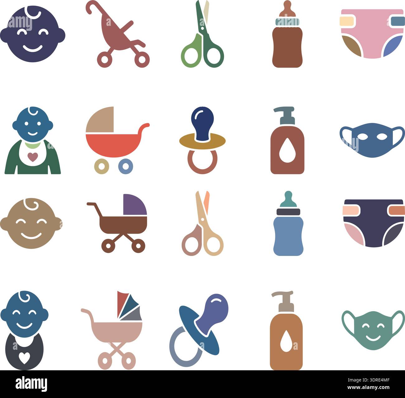 Ensemble d'icônes de soins pour bébé avec symboles poussette, sucette, biberon et couche Illustration de Vecteur