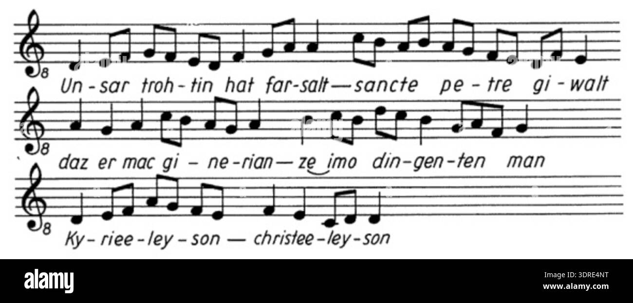 Le Freisinger Petruslied, transcrit par Otto Ursprung vers 900, est une chanson liturgique médiévale de Freising. La transcription conserve la notation, la mélodie et le contenu textuel, illustrant la théorie musicale médiévale, la pratique du chant et les traditions ecclésiastiques. Il donne un aperçu de la performance liturgique du Xe siècle, de la notation musicale, de l'histoire culturelle et de la préservation de la musique sacrée en Europe centrale au début du moyen âge. Banque D'Images