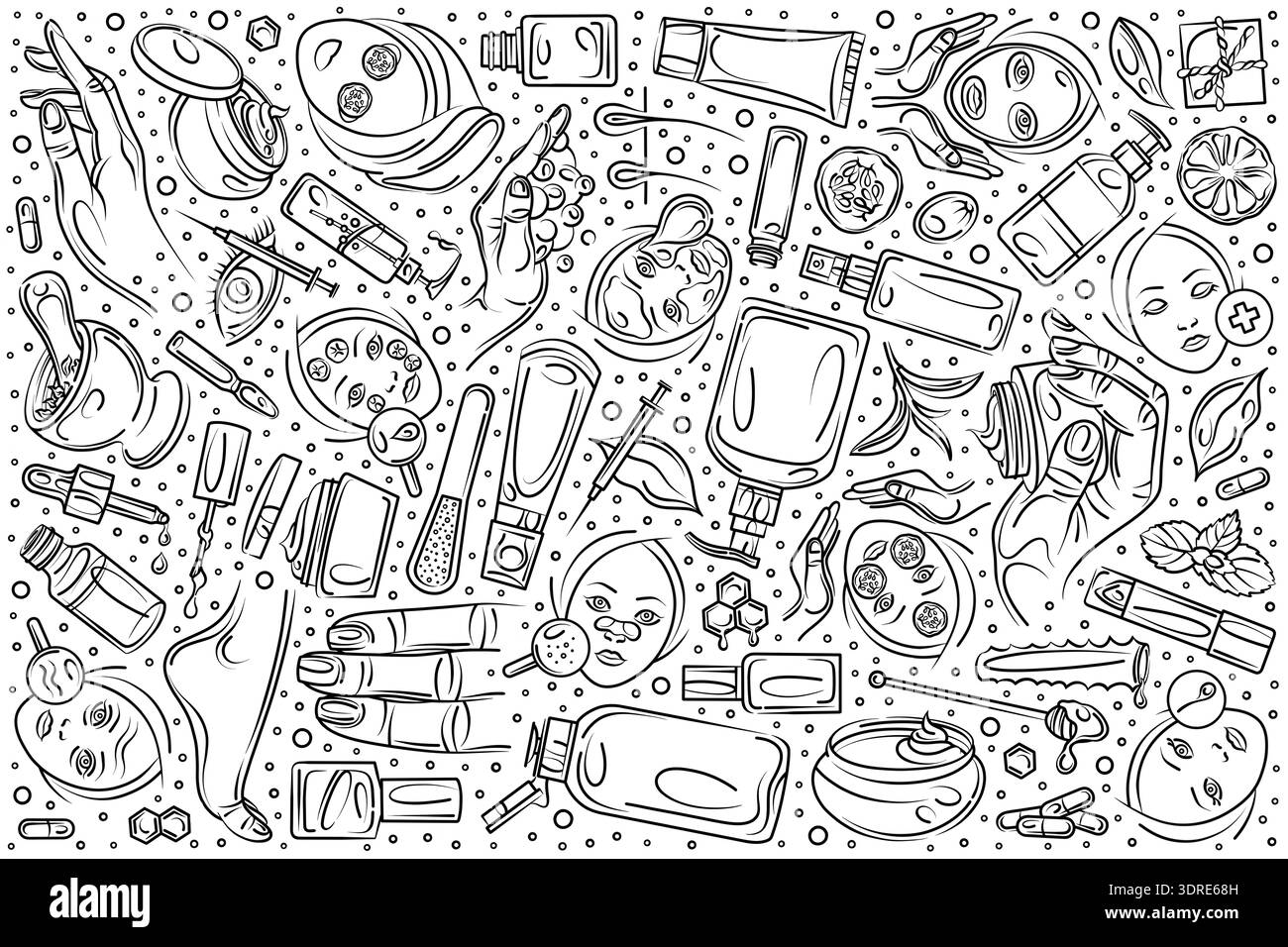 Ensemble de cosmétologie dessiné à la main Doodle vecteur fond Banque D'Images
