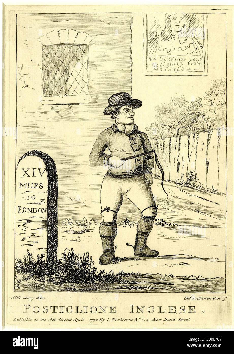 Cette gravure de 1772 de Charles Bretherton, d'après Henry William Bunbury, satirit les postillions. Un postilion anglais en culottes et bottes serrées tient un fouet à l'extérieur d'une auberge avec le signe « The Old Kings Head » et un jalon « XIV Miles to London ». L'estampe illustre la satire britannique du XVIIIe siècle, le costume, l'occupation, les voyages, les services postaux, et les pratiques équestres, mettant en évidence l'humour visuel, les techniques de gravure, et la représentation des auberges de bord de route, des marqueurs de distance, et des cavaliers de poste professionnels. Banque D'Images