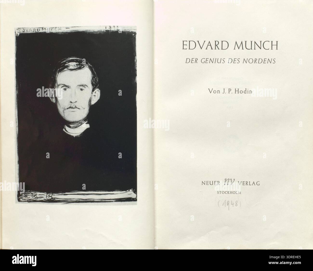 La publication de 1948 'Edvard Munch : le génie du Nord' de Josef Paul Hodin, publiée par Neuer Verlag à Stockholm, présente une analyse détaillée de la vie, des œuvres d'art et de l'influence artistique de Munch. Le livre contient des images de peintures, d'illustrations et de récits biographiques, contribuant à l'étude de l'art norvégien, du modernisme, de l'expressionnisme et de l'importance culturelle et historique de Munch. Banque D'Images