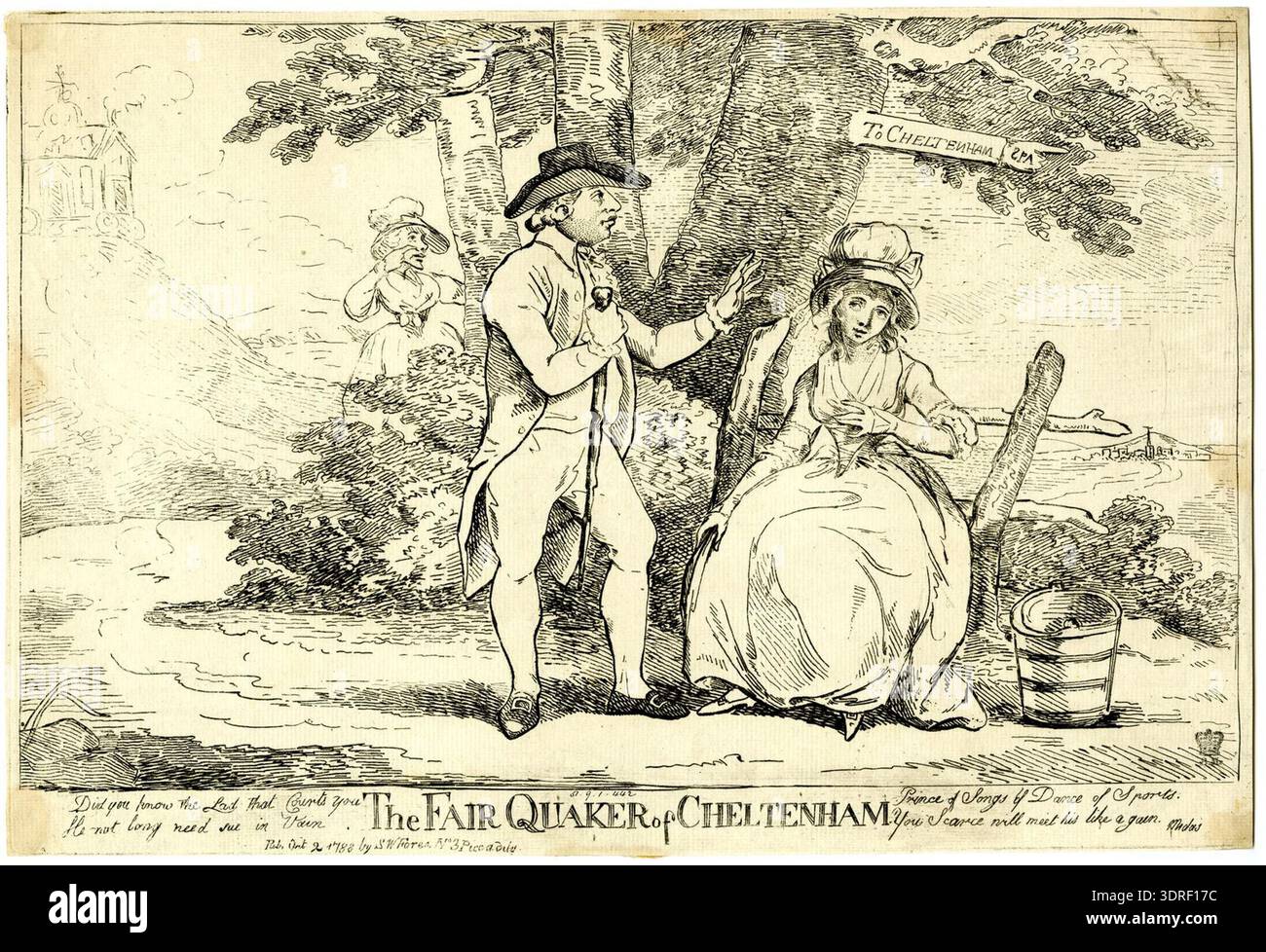 The Fair Quaker of Cheltenham, 1788, est une gravure représentant une femme quaker de Cheltenham. L'impression la montre en robe d'époque, caractérisée par des vêtements modestes et Unis typiques de la tenue quaker à la fin du XVIIIe siècle. L'œuvre représente les aspects sociaux et culturels de la vie quaker en Angleterre pendant cette période. La gravure capture des vêtements historiques, de la posture et des éléments stylistiques de la gravure britannique de la fin du XVIIIe siècle. Banque D'Images
