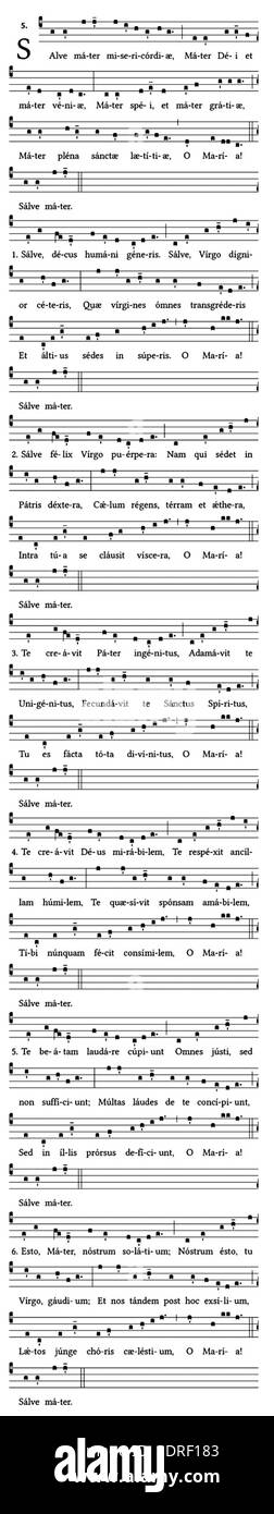 Cette pièce est l'hymne salve mater misericordiae, avec des paroles du XIVe siècle et une notation musicale arrangée par Joseph Pothier (1835-1923). Le manuscrit montre le texte sacré, la notation du chant grégorien et le contexte liturgique, représentant les traditions musicales religieuses médiévales, la préservation du manuscrit et l'œuvre éditoriale de Pothier du XIXe au XXe siècle. Banque D'Images