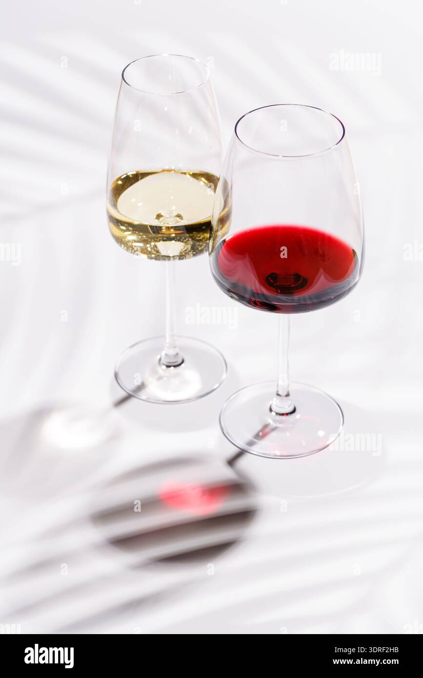 Deux verres à vin rempli de vin rouge et blanc Banque D'Images