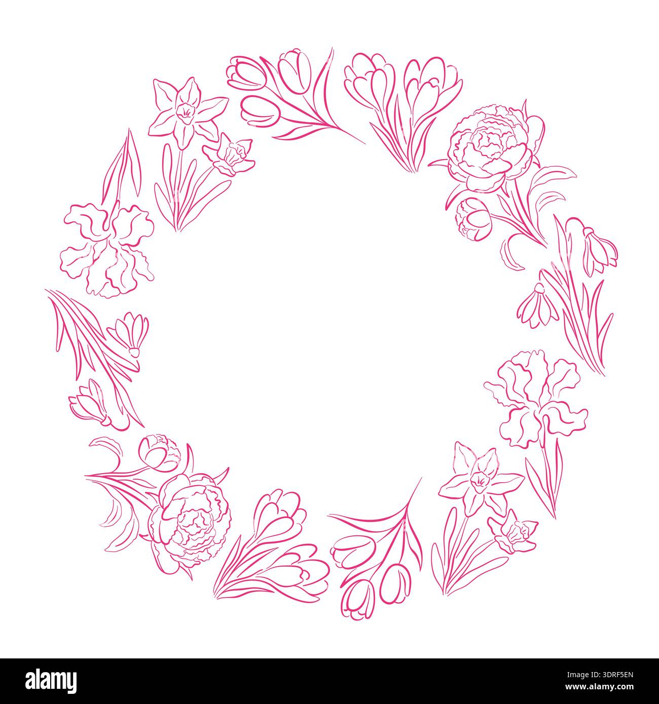 Couronne florale dans le style art de ligne rose avec tulipe, pivoine et fleurs d'iris. Élégant cadre circulaire d'illustration isolé sur blanc pour invitation de mariage Illustration de Vecteur