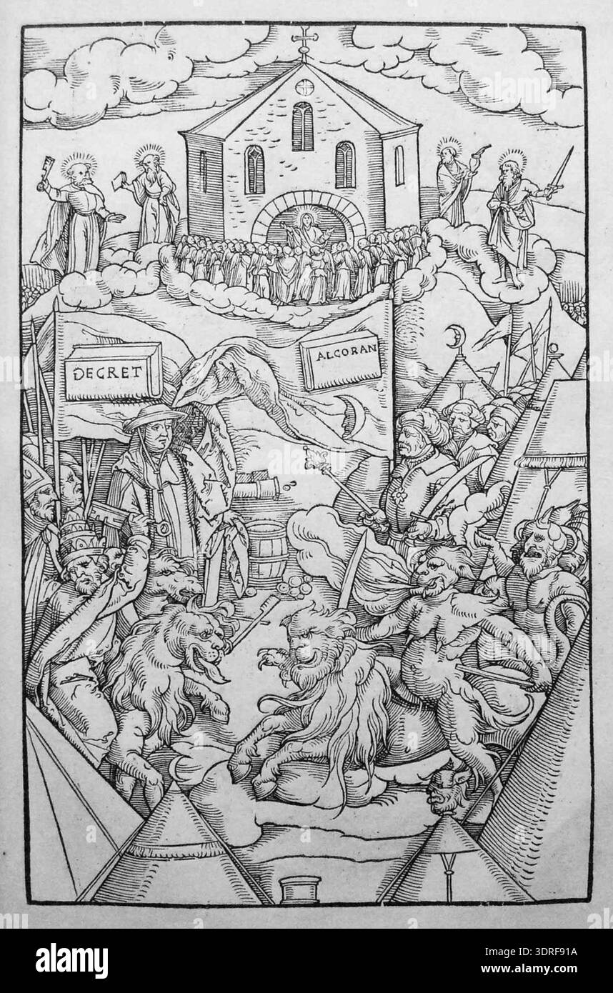 Gravure sur bois vers 1558 représentant l'allégorie du siège de la vraie Église par les forces catholiques et turques. Au premier plan, on voit des camps militaires ; à gauche, le pape sur un cheval à tête de lion avec des clercs sous la bannière « Décret » ; à droite, on voit des diables sur des chevaux, des guerriers turcs avec la bannière « Alcoran ». Le contexte comprend l'église sur la montagne avec Christ prêchant ; les apôtres Pierre, Paul, les prophètes Moïse, Jean sur les nuages. L'une des 48 gravures sur bois de « Apocalypse et allégories satiriques sur l'Église », mettant l'accent sur les conflits religieux, le symbolisme et les conventions de l'imprimé allemand du XVIe siècle. Banque D'Images
