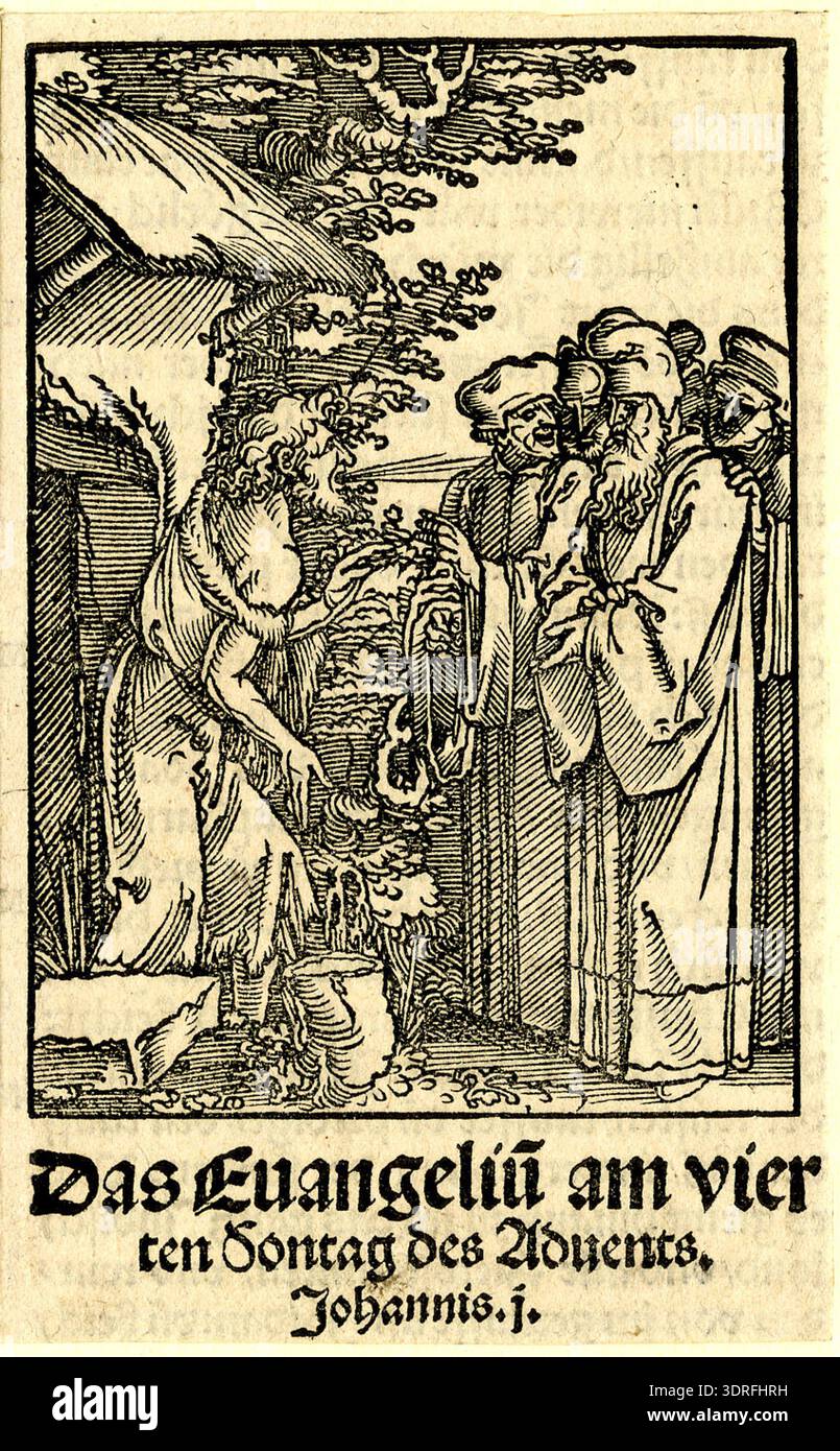 Gravure sur bois de 1530 représentant Saint Jean-Baptiste confronté aux pharisiens. John se tient à l'extérieur d'une cabane à gauche portant une tunique, faisant des gestes ou sifflant vers un groupe de pharisiens portant de longs manteaux et chapeaux à droite. Les arbres forment l'arrière-plan. Trois lignes de typographie apparaissent sous l'image. Cette estampe illustre le récit du Nouveau Testament et les techniques de gravure sur bois du XVIe siècle. Banque D'Images