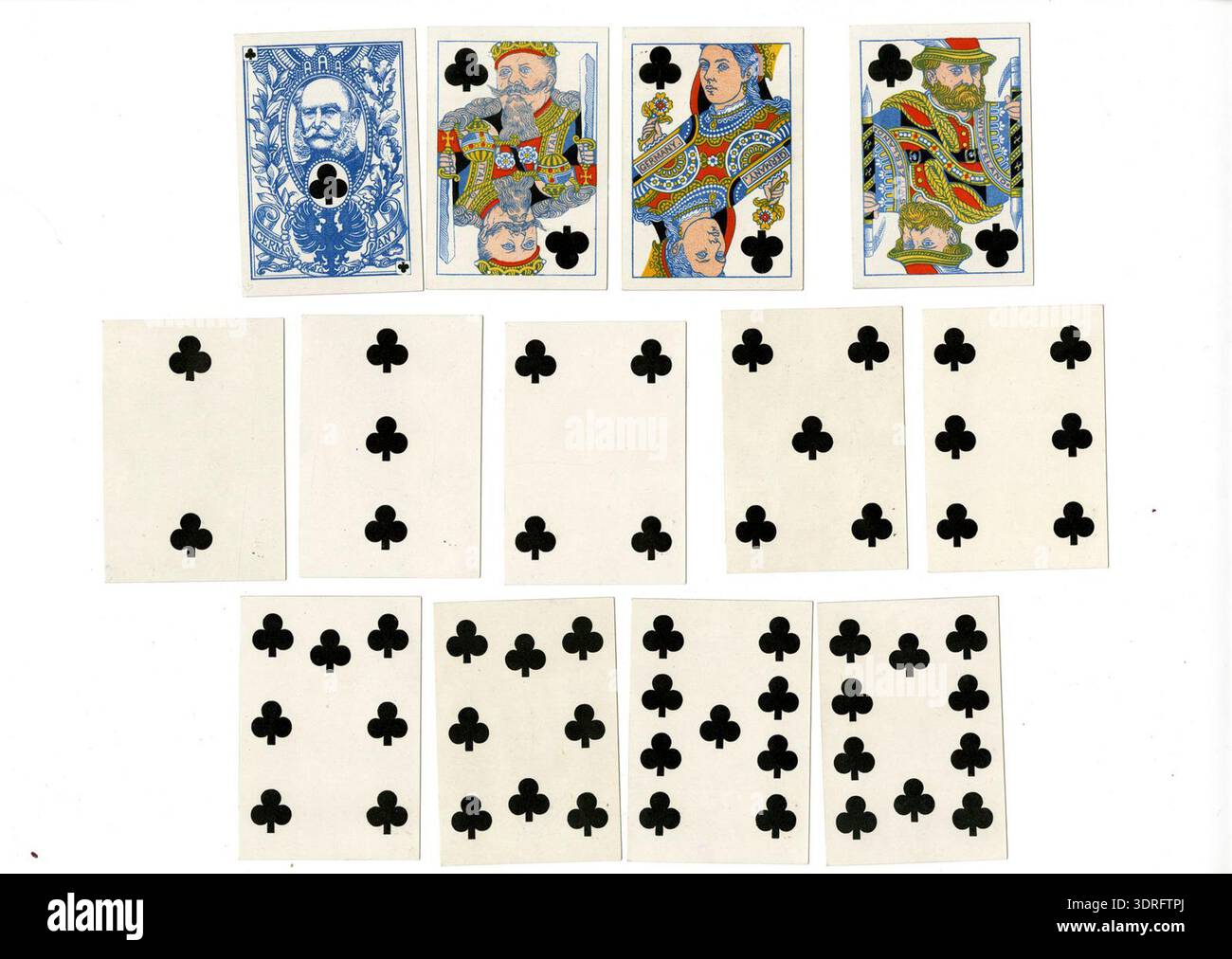 Ce jeu complet de 1874 52 cartes à jouer à double extrémité, plus un double de six pique, a été produit par de la Rue et conçu par Reuben Townroe pour Felix Summerly. Chaque carte montre les marques de costume français et l'impression chromolithographique. Les quatre as présentent des portraits de la reine Victoria, d'Ulysse S. Grant, de l'empereur, d'Alexandre II de Russie et de Guillaume Ier, empereur allemand. Les cartes de cour comprennent les costumes nationaux et les noms des pays. Le pack comprend un emballage intérieur marqué 'International Playing Cards' et une couverture extérieure avec 'Card Stamp Three Pence'. Banque D'Images