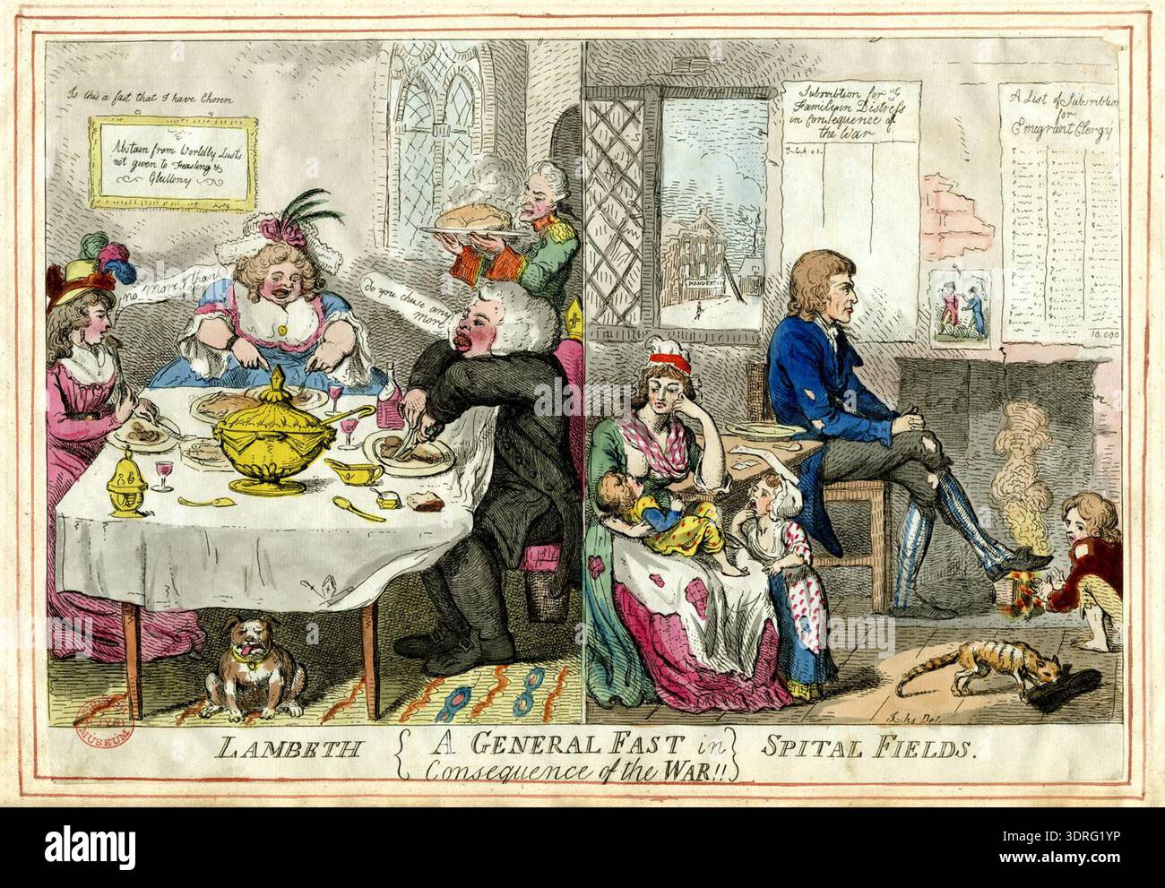 Cette gravure colorée à la main vers 1794 par Isaac Cruikshank, après lui-même, représente un jeûne général observé en réponse à la guerre. L'estampe illustre les pratiques sociales britanniques de la fin du XVIIIe siècle, les observances religieuses, le sentiment du public et les réactions en temps de guerre. La composition met l'accent sur les figures, les gestes et l'activité communautaire, reflétant les aspects politiques, sociaux, et les aspects religieux de la société britannique à travers la gravure et les techniques de coloration à la main. Banque D'Images