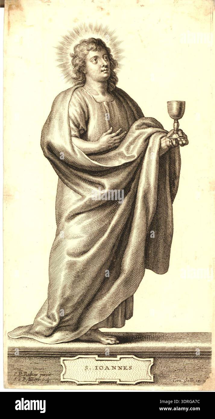 Gravure vers 1646-1650 d'après Peter Paul Rubens, réalisée par Schelte Adamsz. Bolswert, publié par Cornelis Galle I. St John l'évangéliste se tient sur un piédestal avec titre inscrit, tourné de trois quarts à droite, tenant un calice. L'un d'une série de quinze planches représentant treize Apôtres, Christ et la Vierge Marie. Illustre la gravure religieuse européenne du XVIIe siècle, posture, geste, iconographie, composition, et illustration de dévotion. Banque D'Images